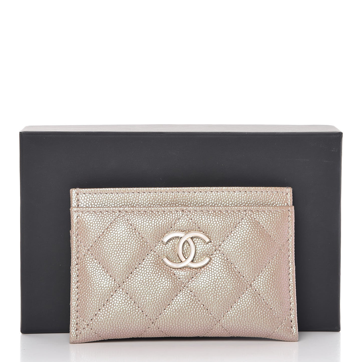 Iridescent Caviar Quilted Card Holder Beige