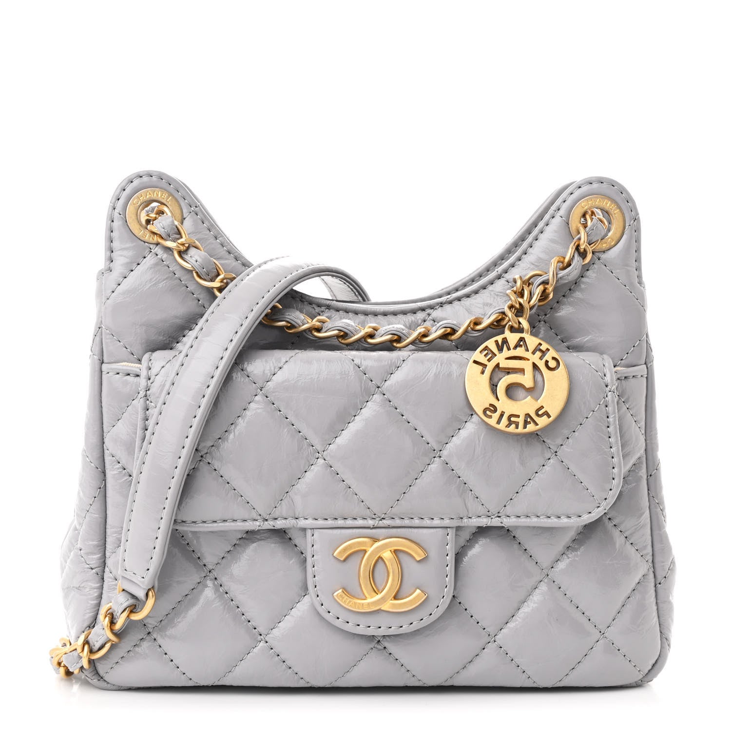 Chanel Shiny Crumpled Calfskin Quilted Small Wavy CC Hobo Grey