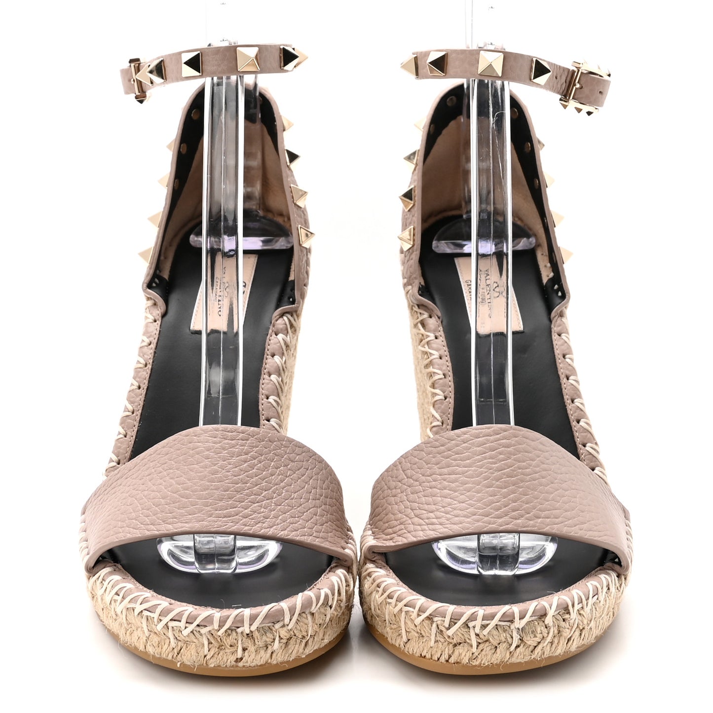 Grained Calfskin Rockstud Ankle Strap Espadrille 15/105mm Wedge Sandals 37 Poudre Natural