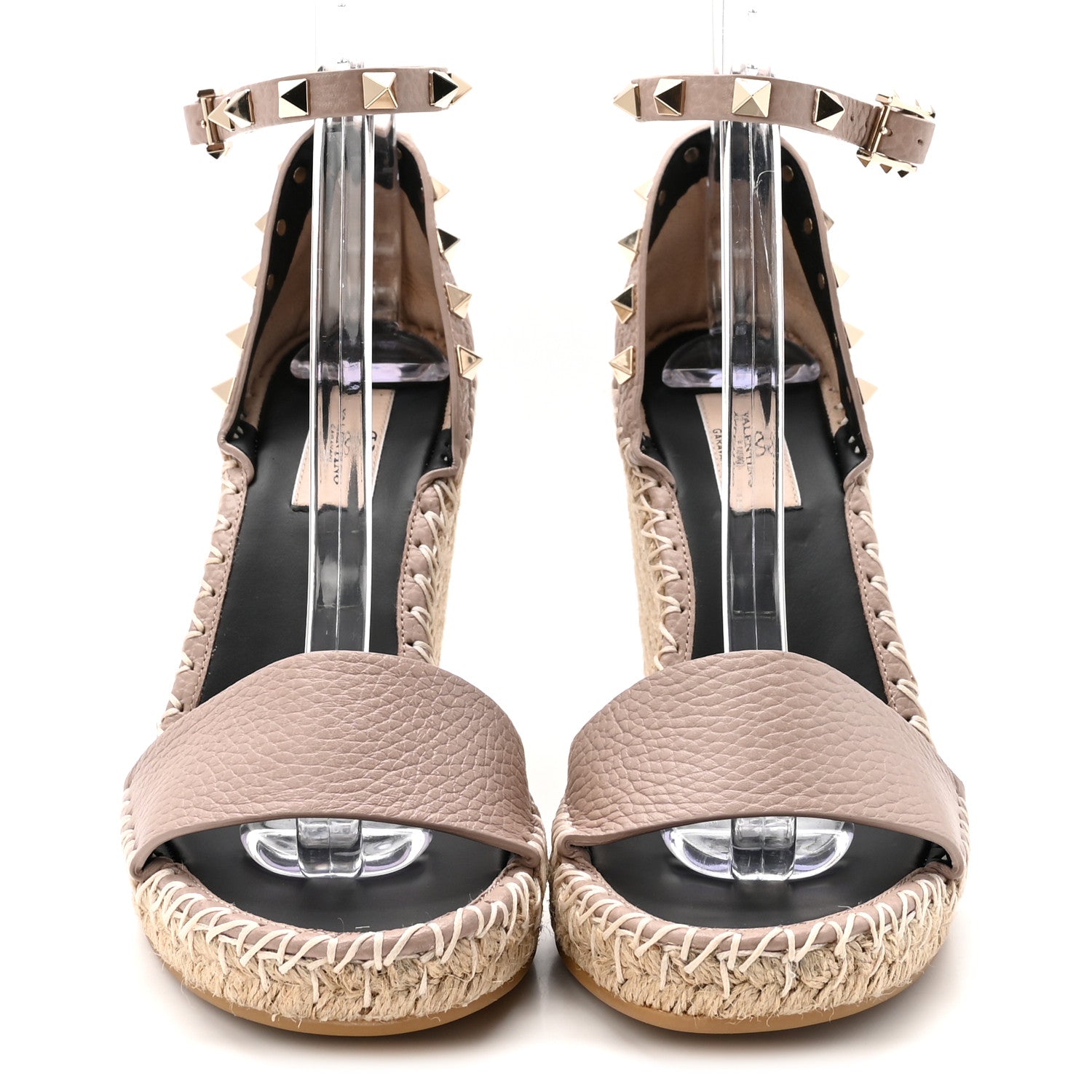 Valentino Garavani Grained Calfskin Rockstud Ankle Strap Espadrille 15/105mm Wedge Sandals 37 Poudre Natural 3 of 10