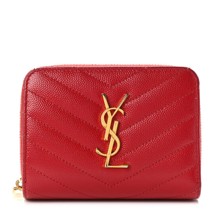 Saint Laurent Grain De Poudre Matelasse Chevron Monogram Compact Zip Around Wallet Red 1 of 13