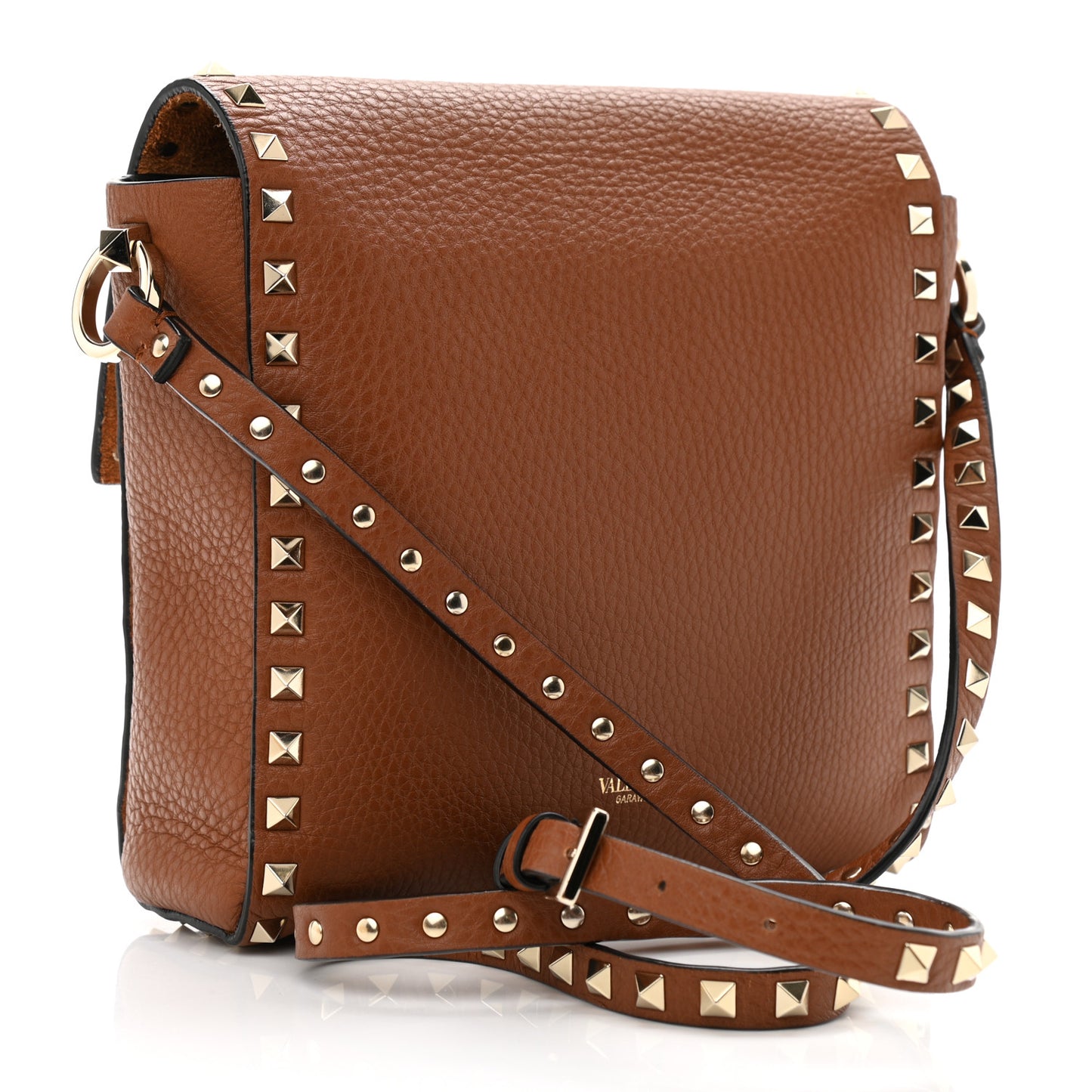 Pebbled Calfskin Rockstud Flip Lock Flap Messenger Saddle Brown