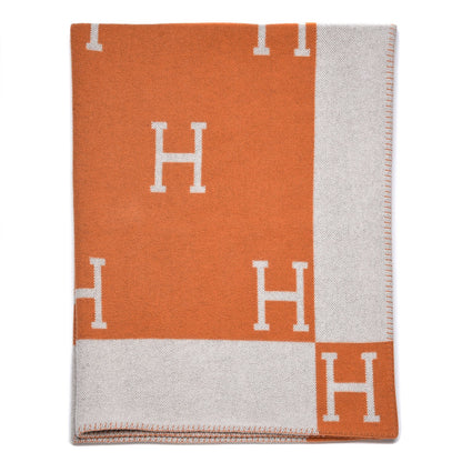 Hermes Wool Cashmere Signature Classic Avalon Blanket Ecru Potiron 1 of 4