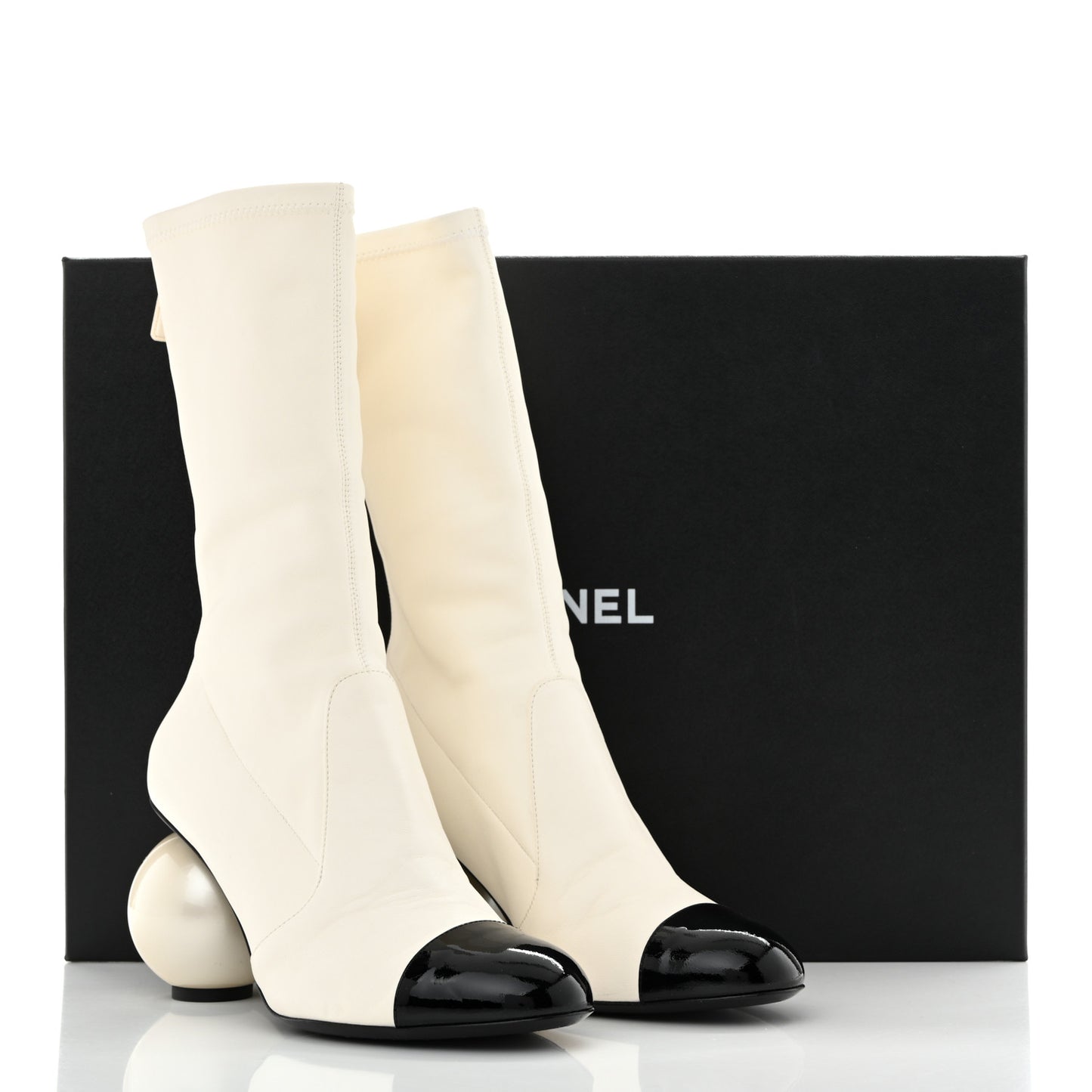 Stretch Lambskin Patent Cap Toe Pearl Ball Mid Calf Boots 40 White Black