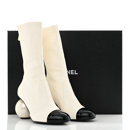 Chanel Stretch Lambskin Patent Cap Toe Pearl Ball Mid Calf Boots 40 White Black 10 of 10