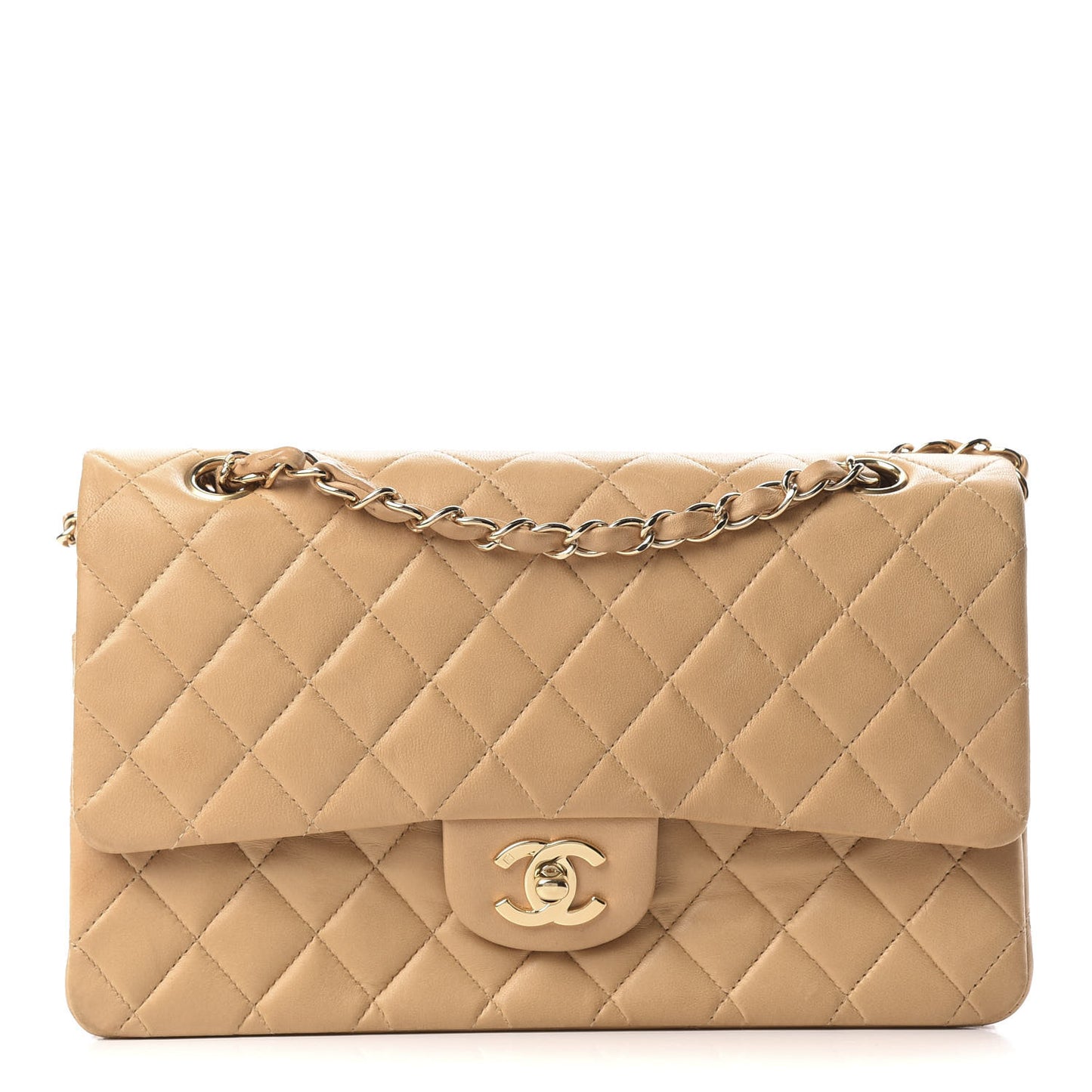 Lambskin Quilted Medium Double Flap Beige