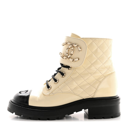 Chanel Shiny Lambskin Quilted Lace Up Combat Boots 36.5 White Black 1 of 12