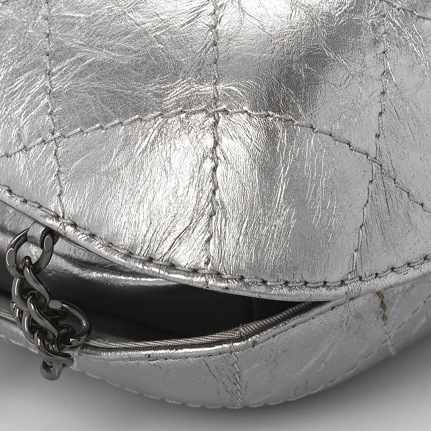 Metallic Aged Calfskin Quilted Small Gabrielle Bucket Silver