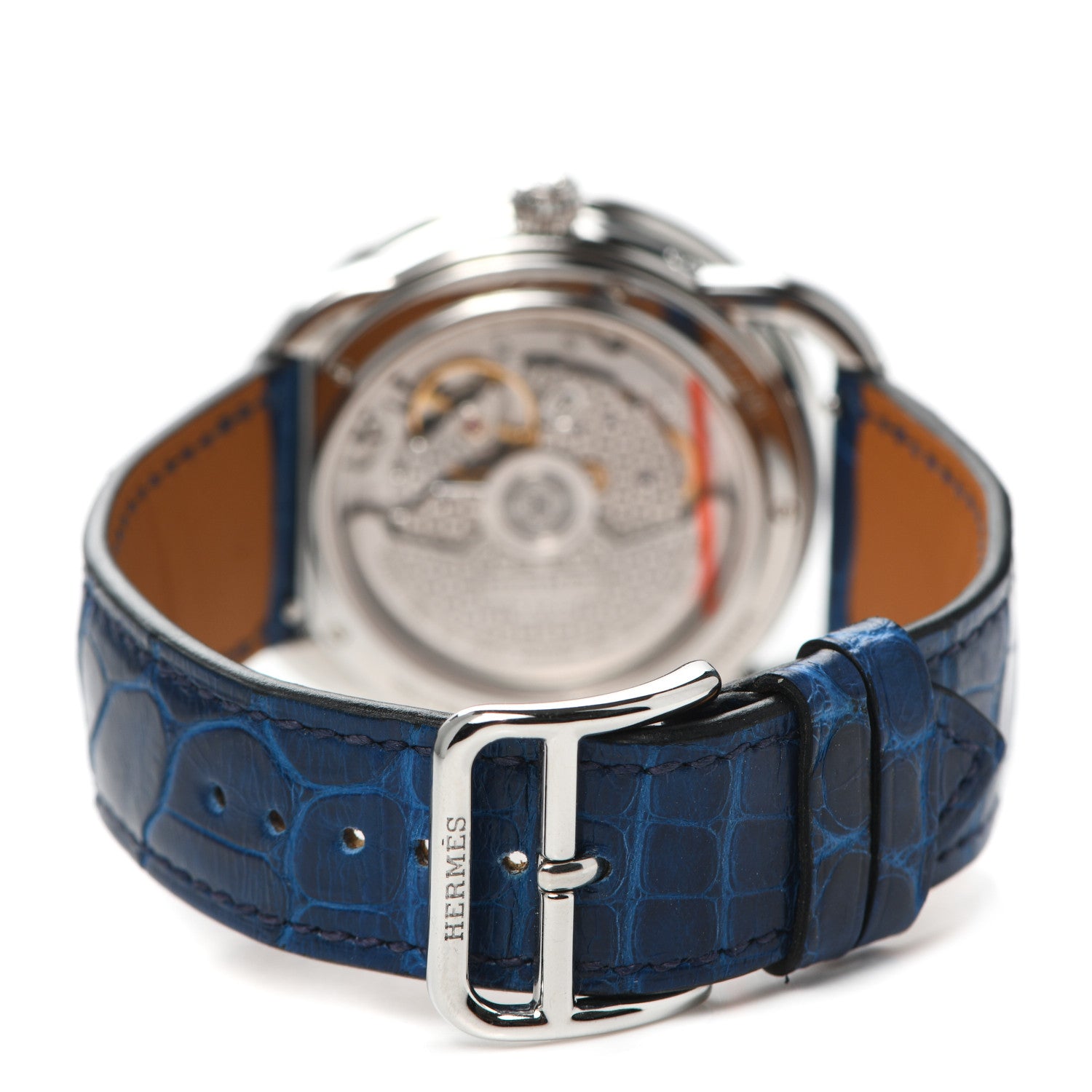 Hermes Stainless Steel Alligator Diamond Blue Sapphire Mother of Pearl 38mm Arceau Petite Lune Automatic Watch Bleu Saphir 3 of 5