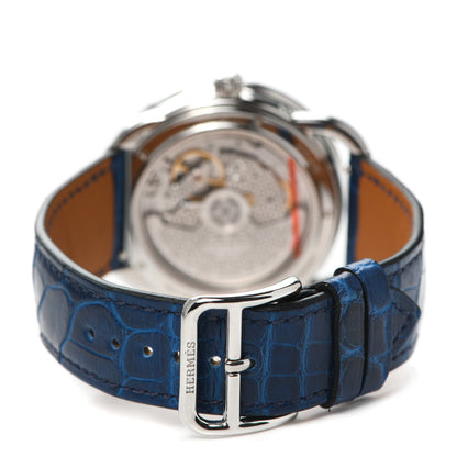 Hermes Stainless Steel Alligator Diamond Blue Sapphire Mother of Pearl 38mm Arceau Petite Lune Automatic Watch Bleu Saphir 3 of 5
