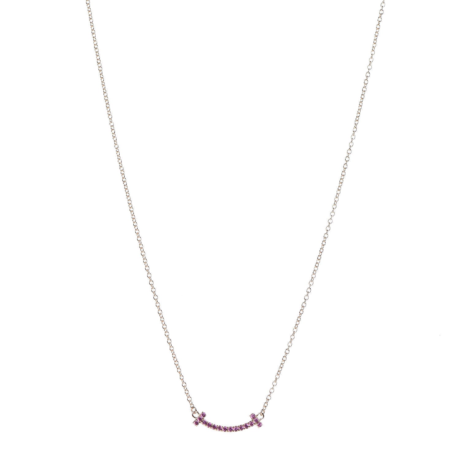Tiffany 18K Rose Gold Pink Sapphire Mini T Smile Pendant Necklace 1 of 6