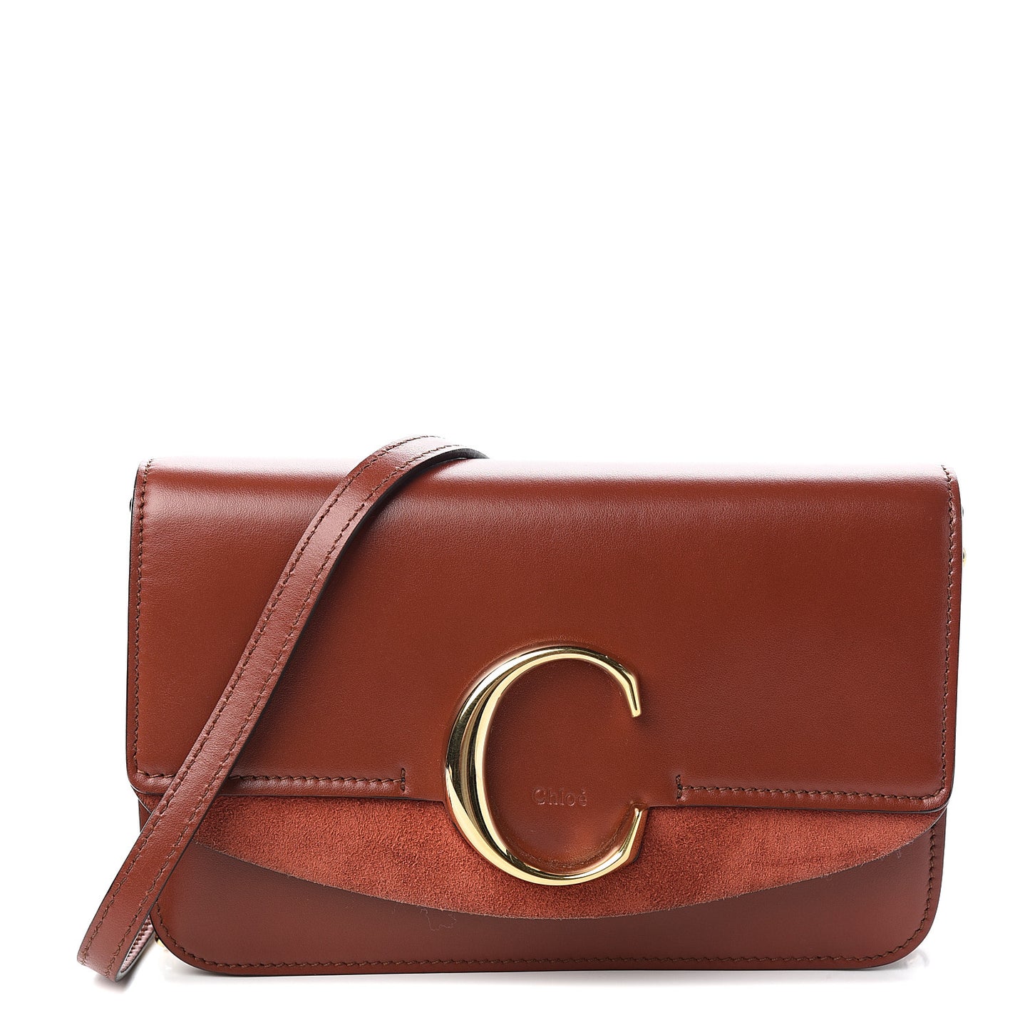 Calfskin Suede C Clutch With Chain Sepia Brown