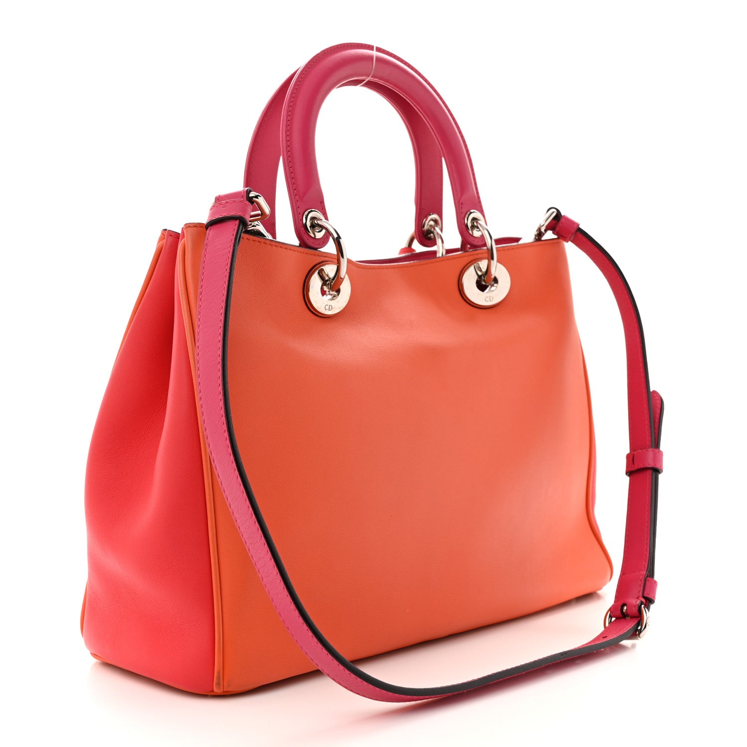 Christian Dior Smooth Calfskin Medium Tri-Color Diorissimo Tote Orange Fuchsia Red 3 of 16