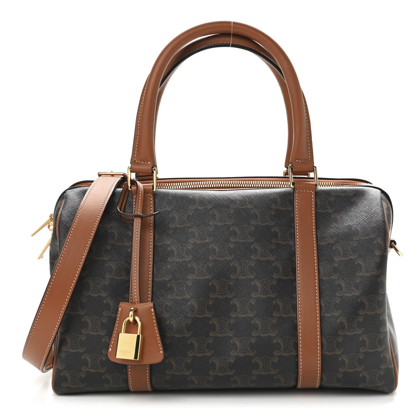 Triomphe Canvas Calfskin Boston Bag Tan