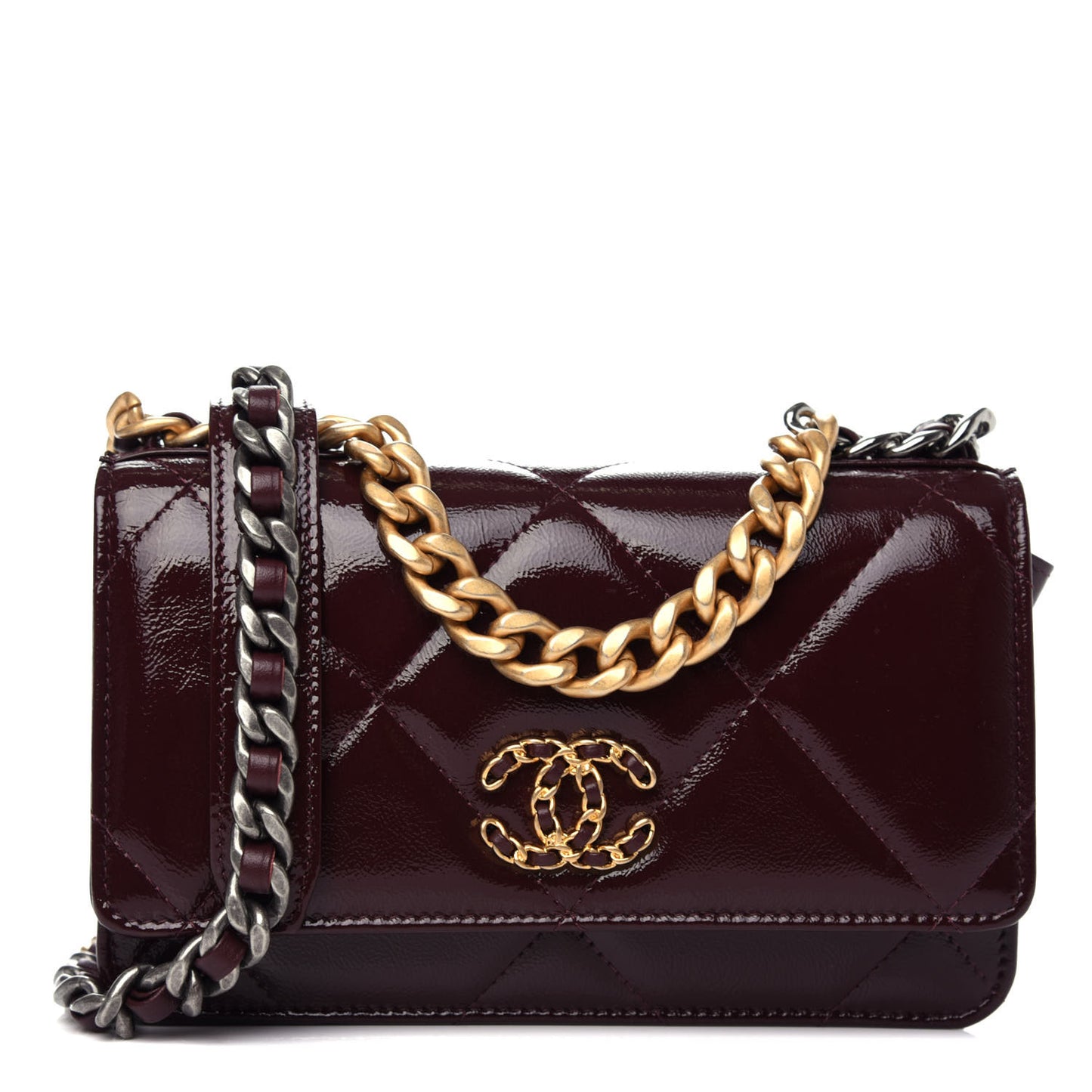 Shiny Crumpled Calfskin Quilted 19 Wallet On Chain WOC Burgundy