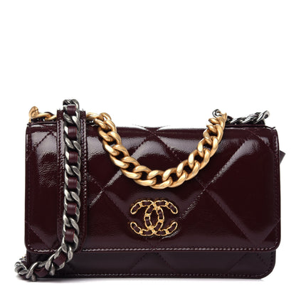 Chanel Shiny Crumpled Calfskin Quilted 19 Wallet On Chain WOC Burgundy 1 of 11