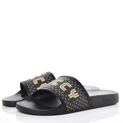 Gucci X SEGA Supreme Canvas GUCCY Stars Womens Slide Sandals 38 Black Gold 3 of 8
