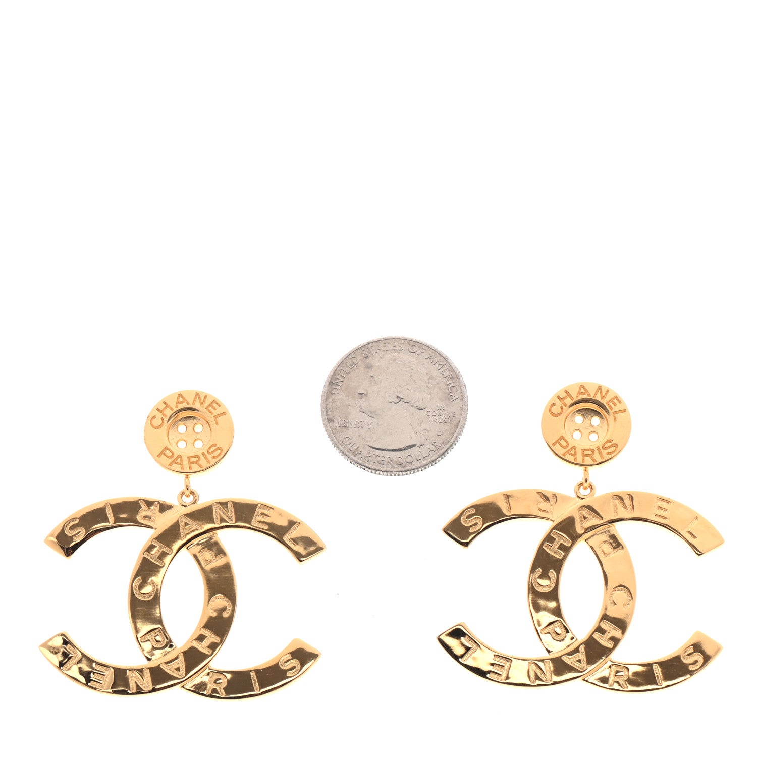 Chanel Metal Large Paris Button Earrings Gold 2 of 4