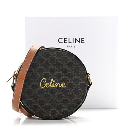Celine Triomphe Canvas Embroidered Logo Round Purse On Strap Black Tan 11 of 11