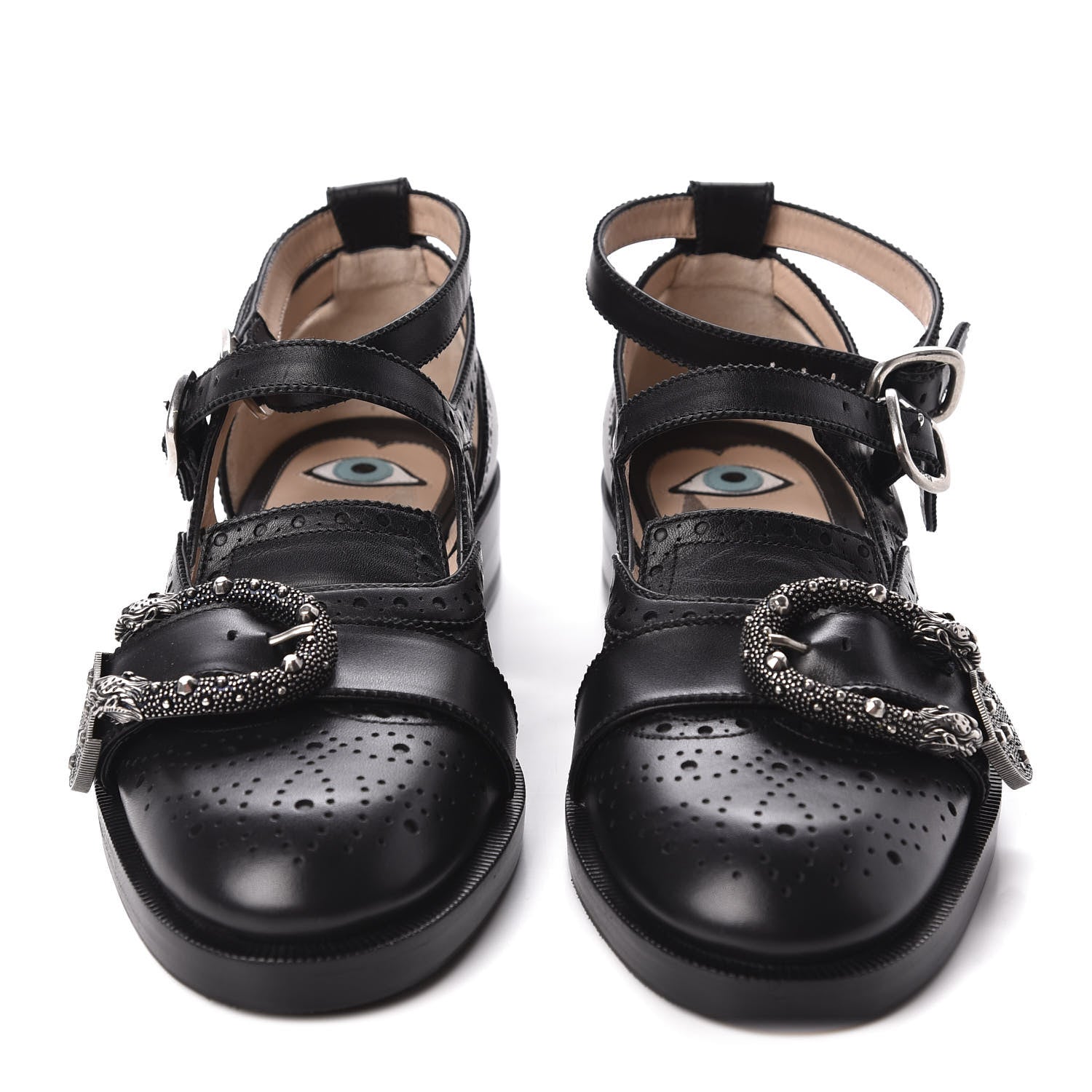 Gucci Calfskin Bee Embroidered Womens Queercore Brogue Wingtip Monk Strap Loafers 38 Black 2 of 9