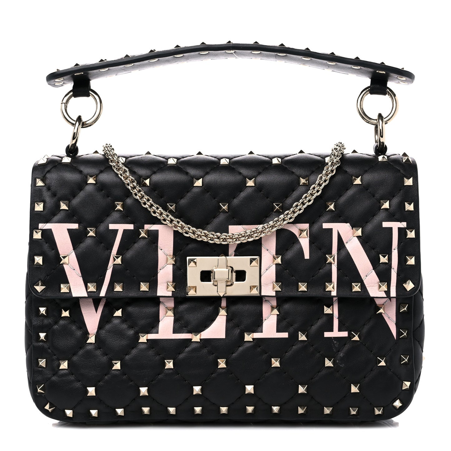 Lambskin VLTN Print Medium Rockstud Spike Shoulder Bag Black