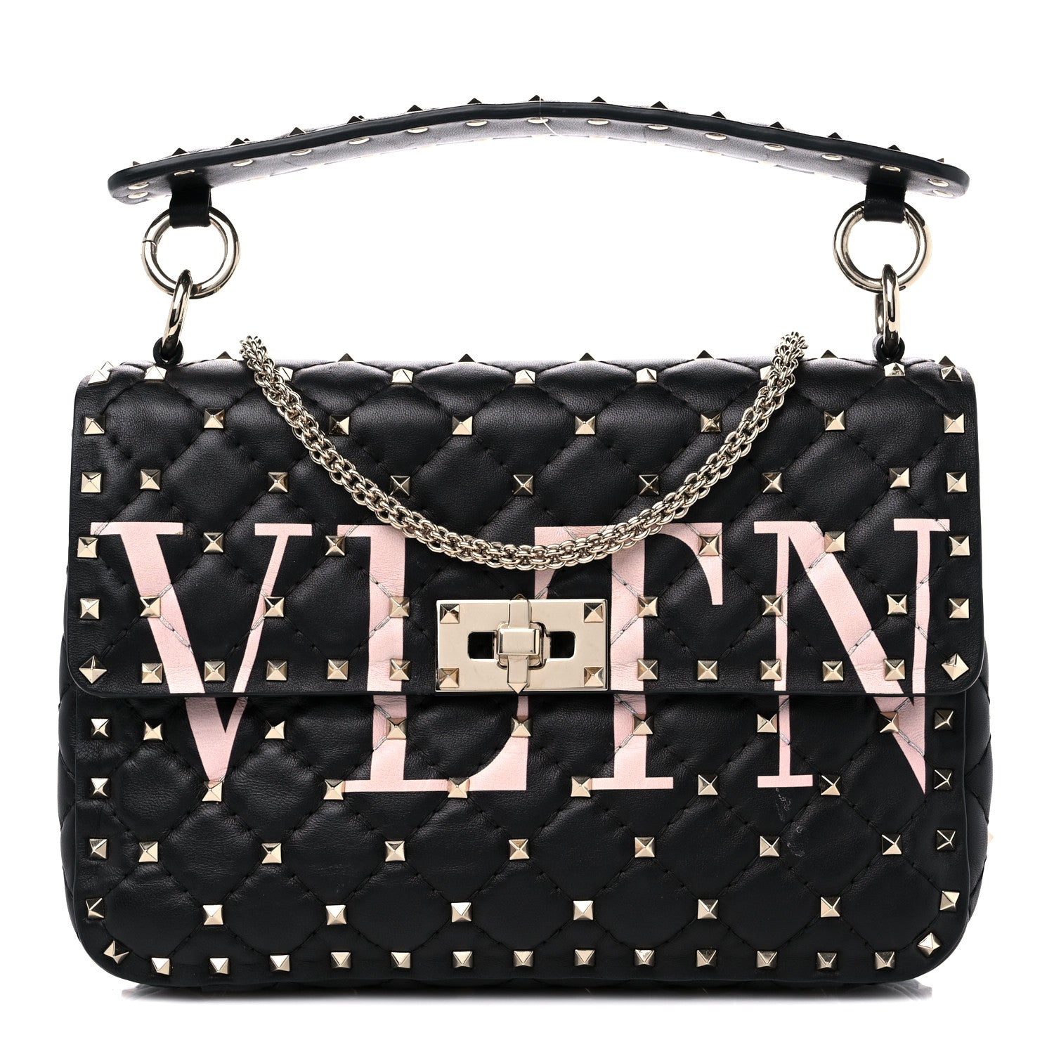 Valentino Garavani Lambskin VLTN Print Medium Rockstud Spike Shoulder Bag Black 1 of 12