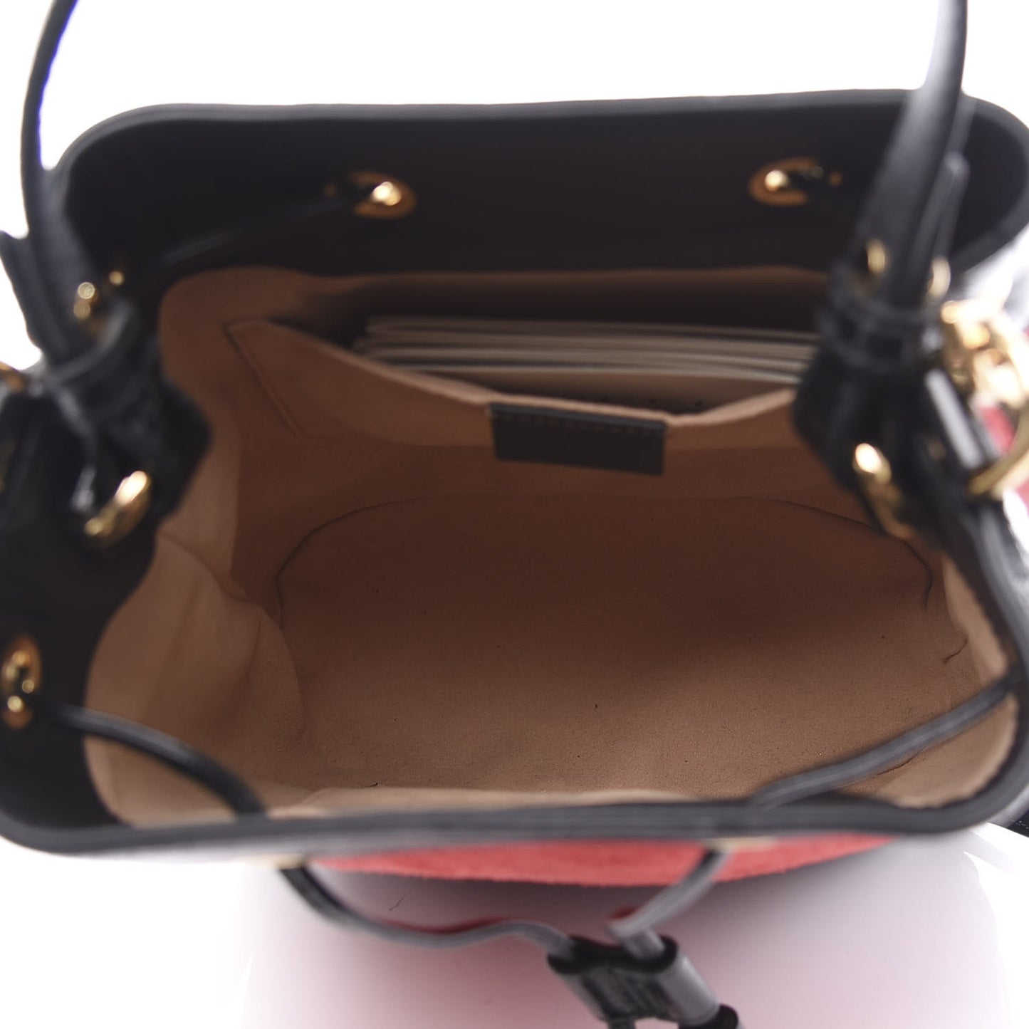 Suede Patent Web Small Ophidia Bucket Bag Hibiscus Red Black