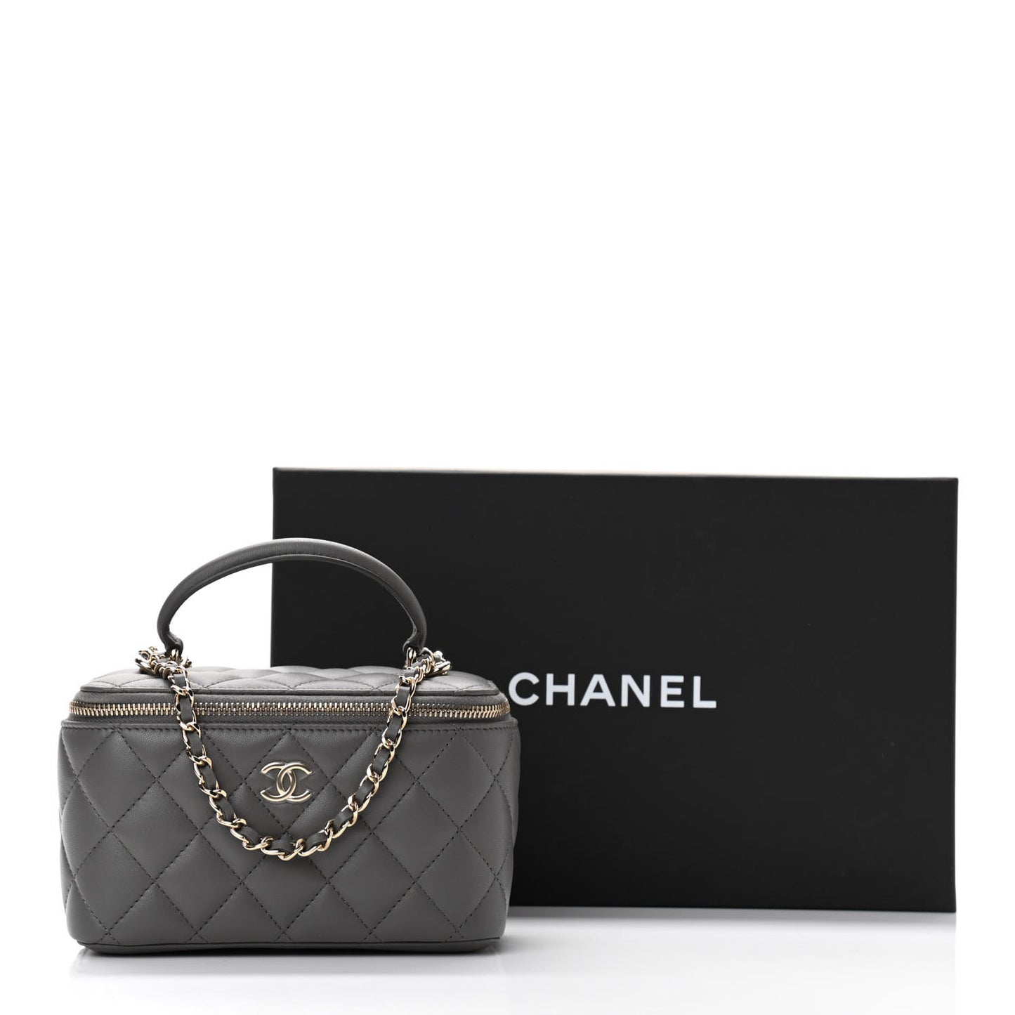 Lambskin Quilted Small Top Handle Vanity Case With Chain Dark Grey