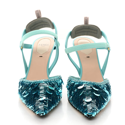 Fendi Organza Sequin Paillettes Colibri Lite 85mm Slingback Pumps 37 Nudo Blue Tiffany Blue 2 of 8