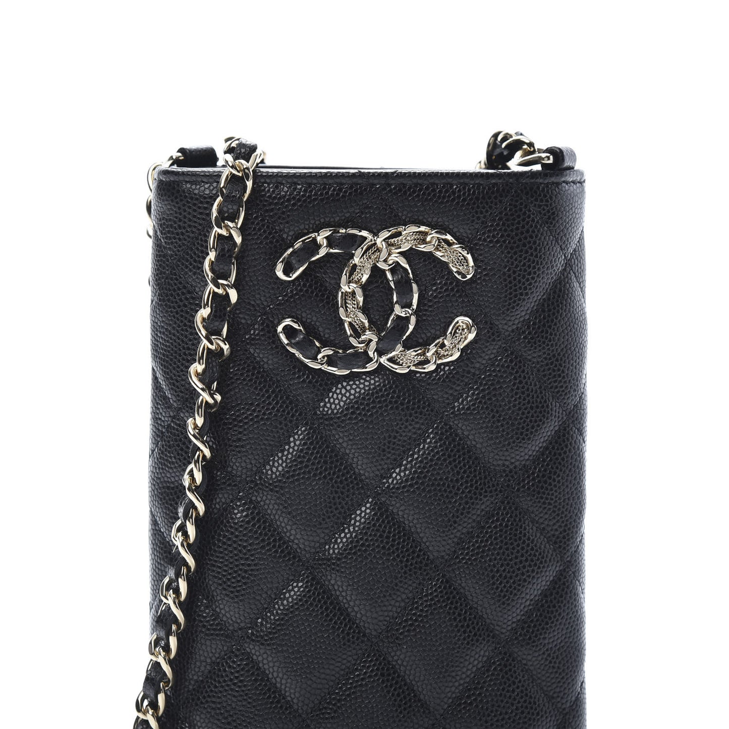 Caviar Quilted French New Wave Phone Holder With Chain Black