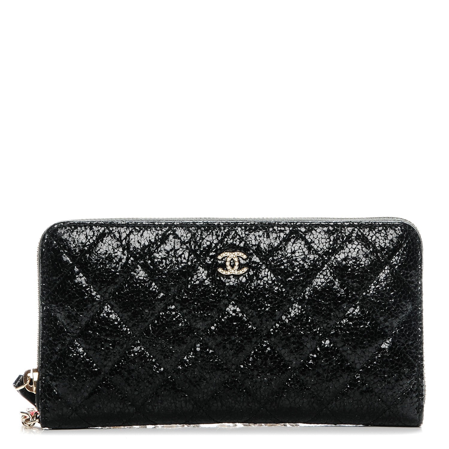 Chanel Crackled Patent Calfskin Zip Around Large Gusset Wallet With Pearl Chain Black 1 of 11