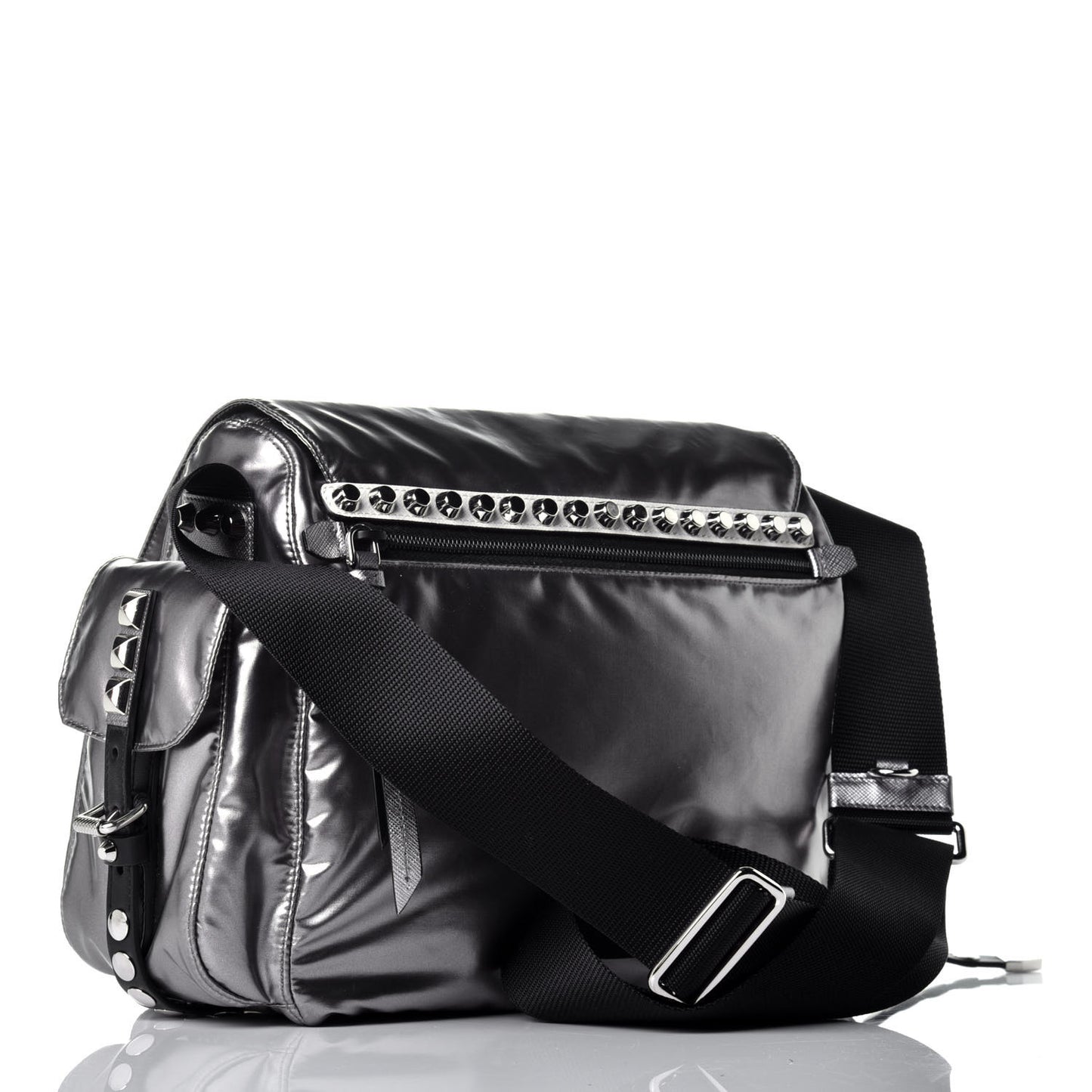 Metallic Nylon Studded Messenger Bag Ferro Black