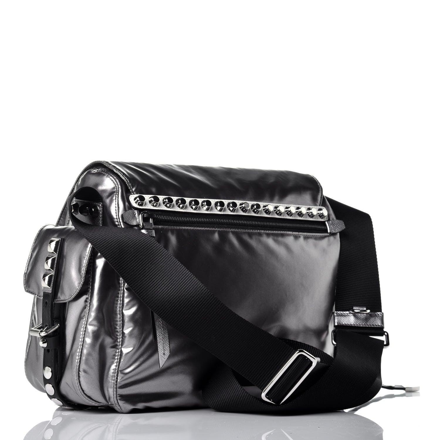Prada Metallic Nylon Studded Messenger Bag Ferro Black 3 of 8