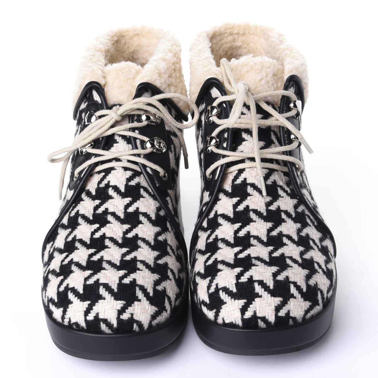 Optical Tweed Faux Shearling Houndstooth Victor Lace Up Ankle Boots 38.5 White Black