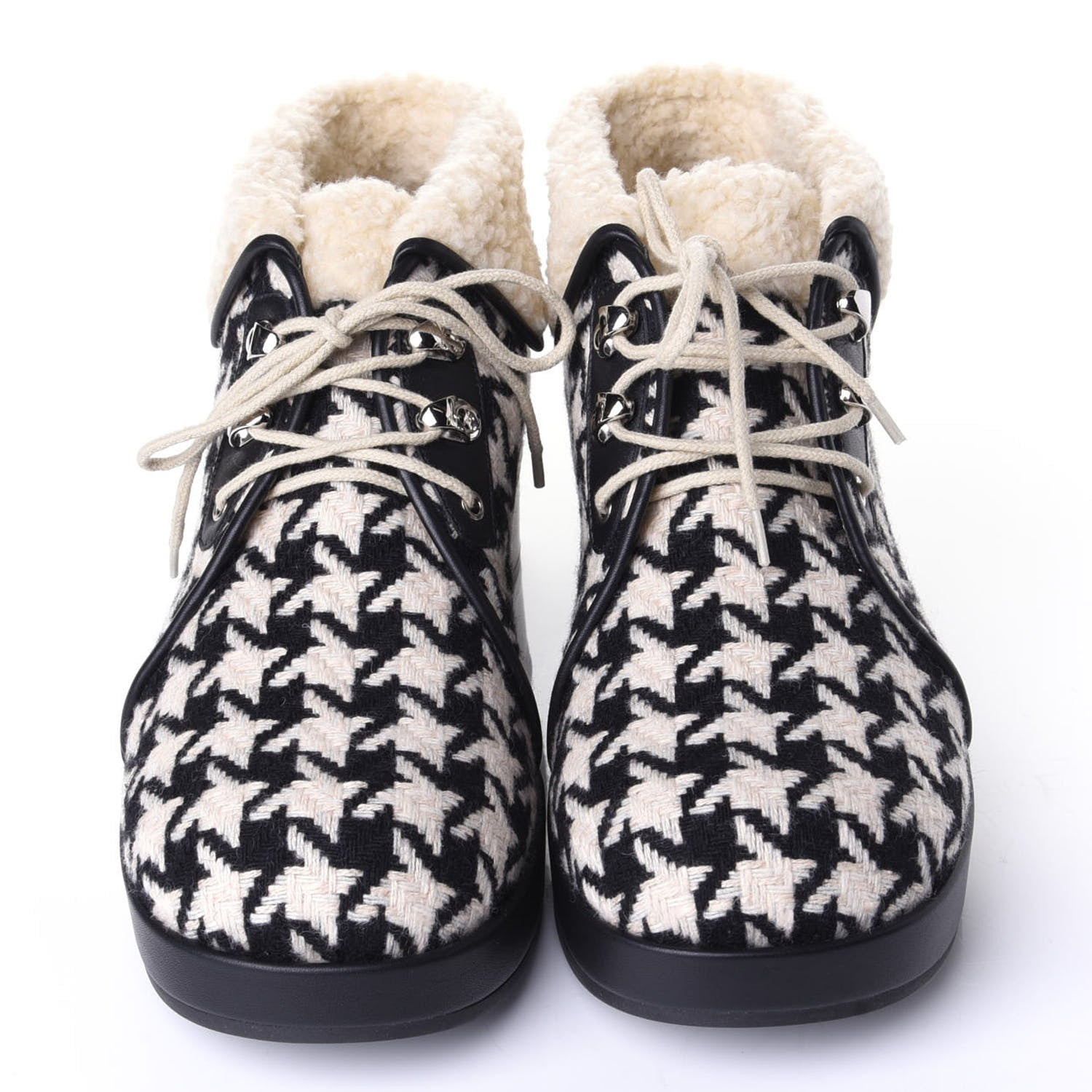 Gucci Optical Tweed Faux Shearling Houndstooth Victor Lace Up Ankle Boots 38.5 White Black 6 of 11