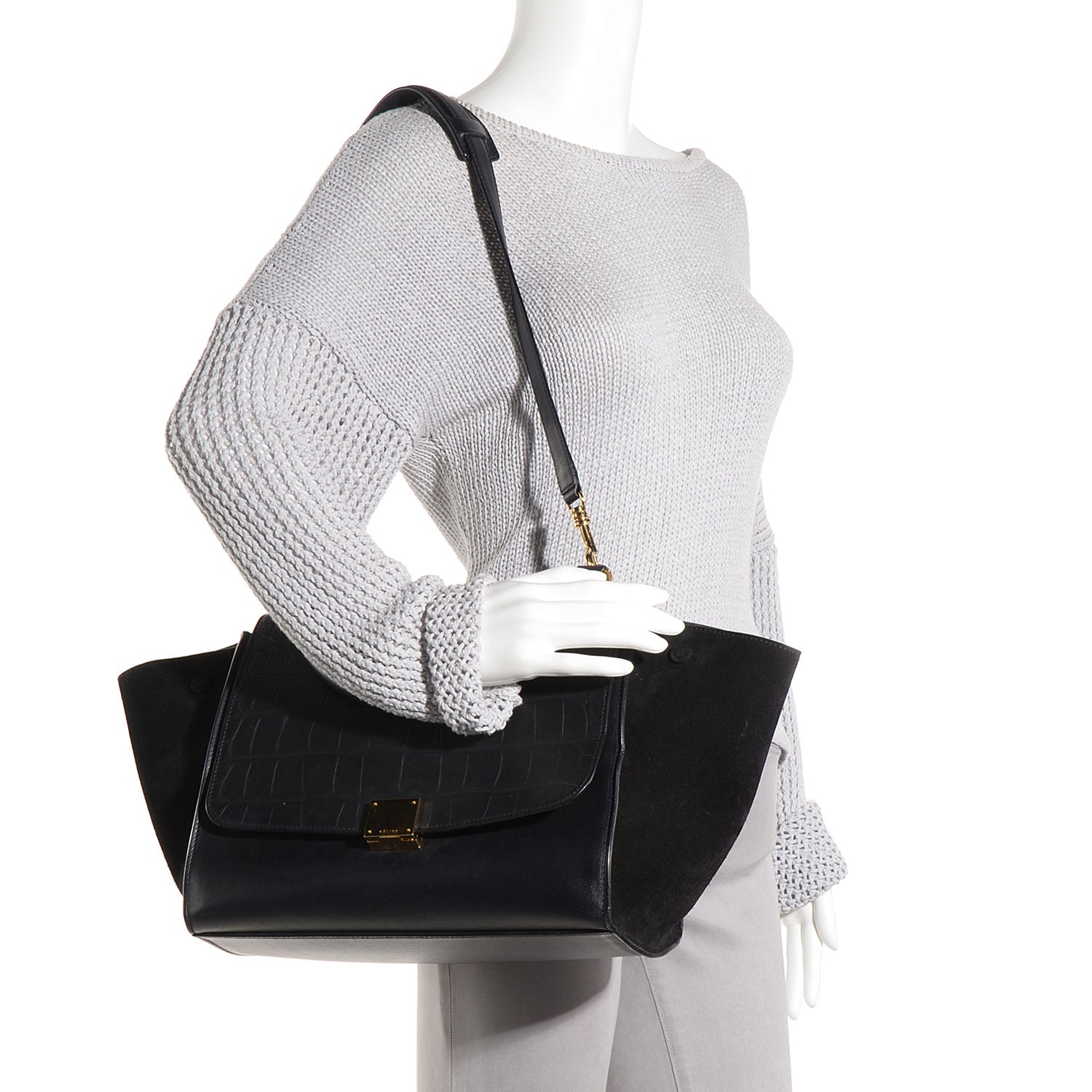 Celine Crocodile Embossed Medium Trapeze Black 2 of 8