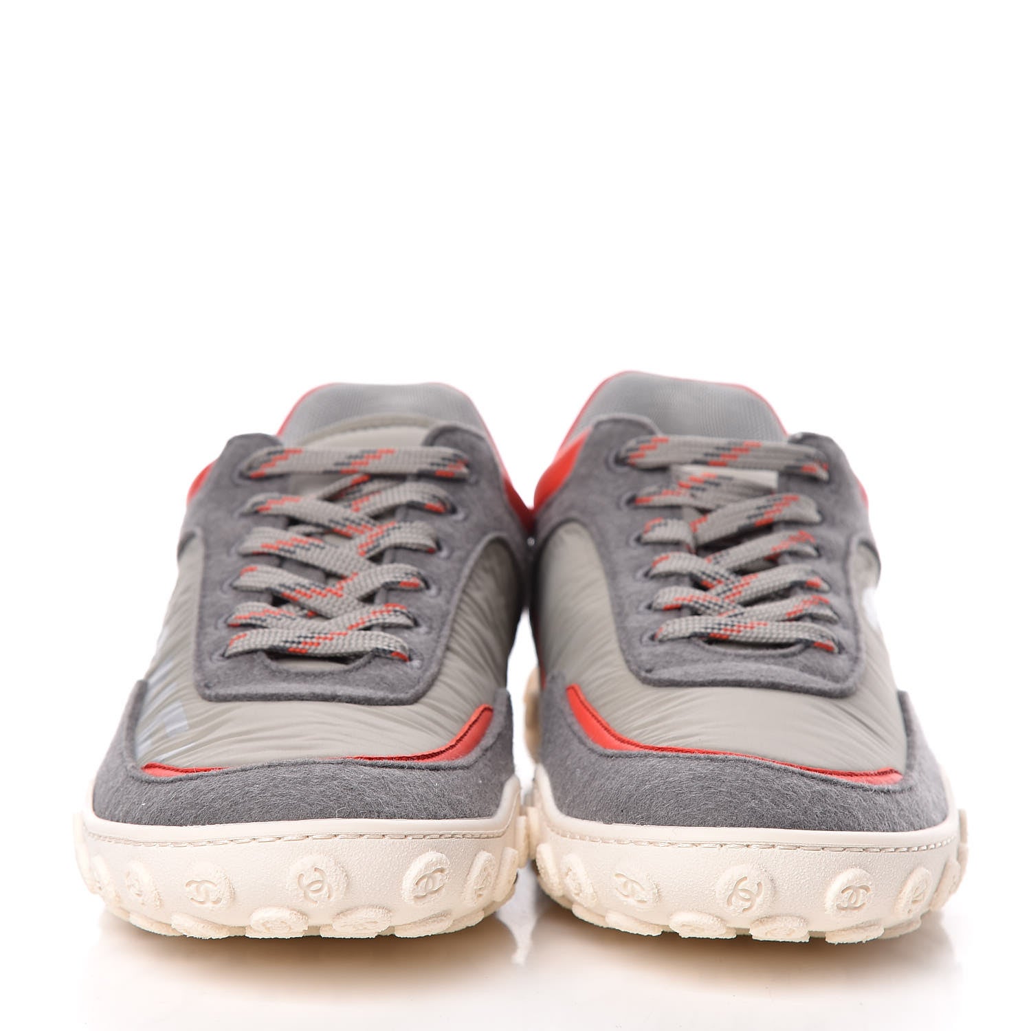 Chanel Nylon Calfskin Suede Womens CC Sneakers 38 Grey Red 2 of 9