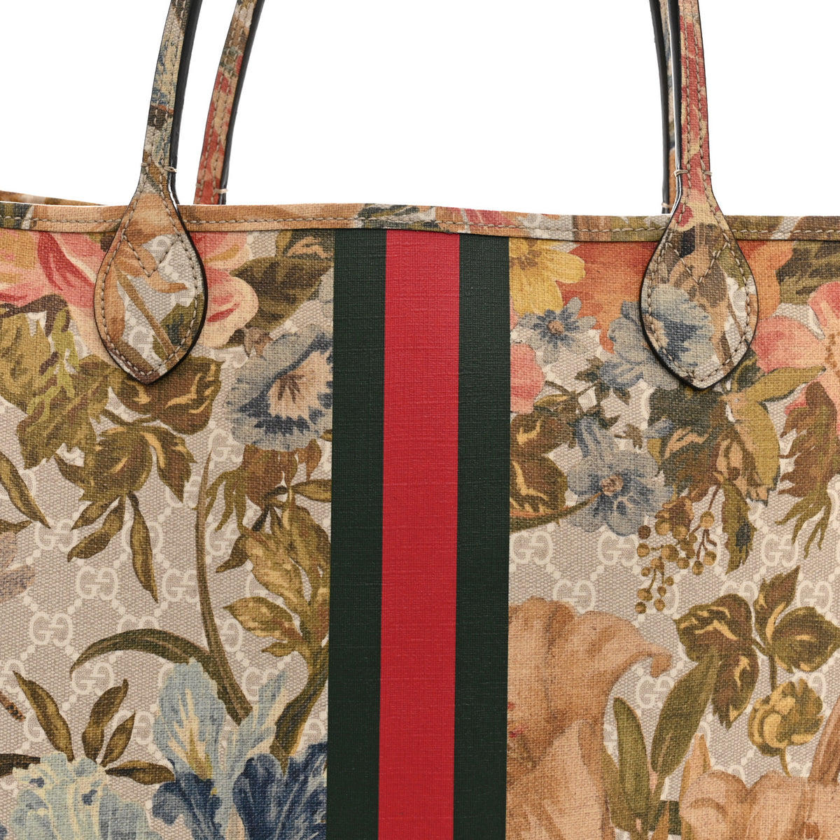 Gucci GG Supreme Monogram Water Flora Web Large Ophidia Tote Beige White Multicolor 9 of 12