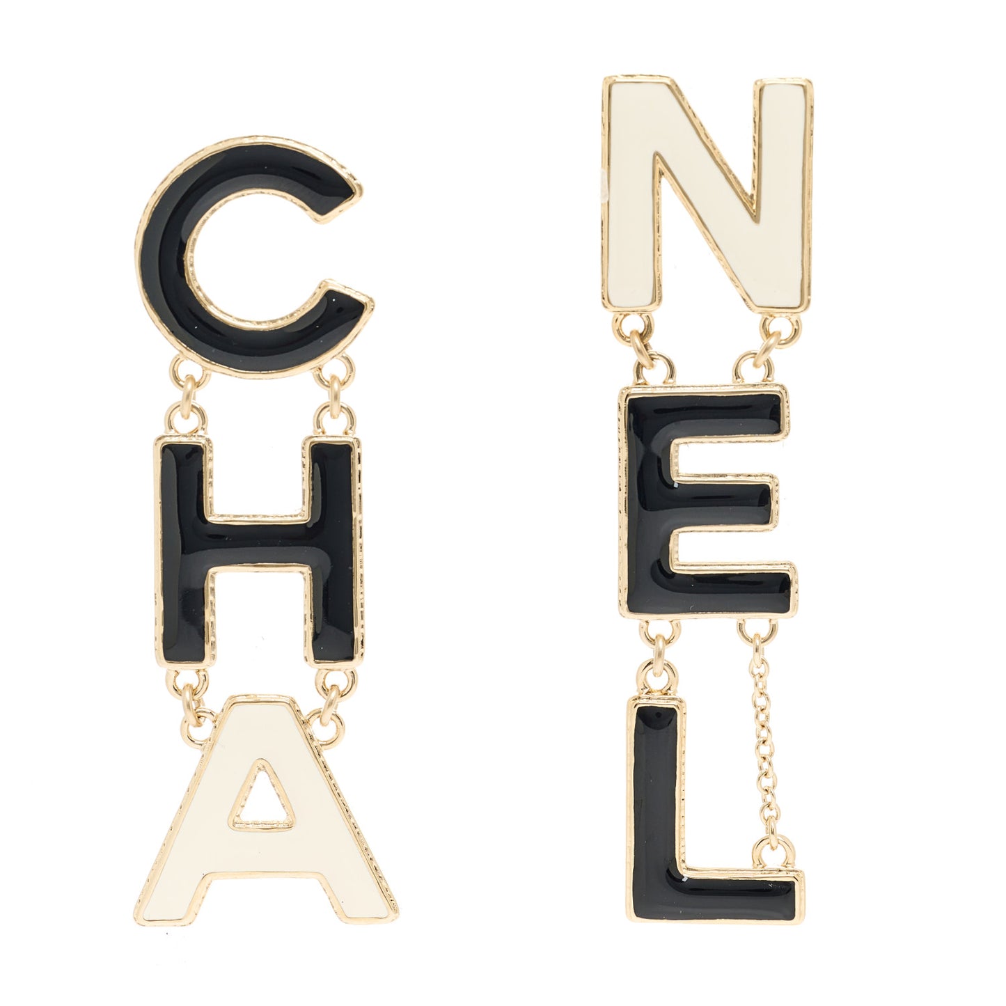 Metal Enamel Cha-Nel Logo Drop Earrings Black White