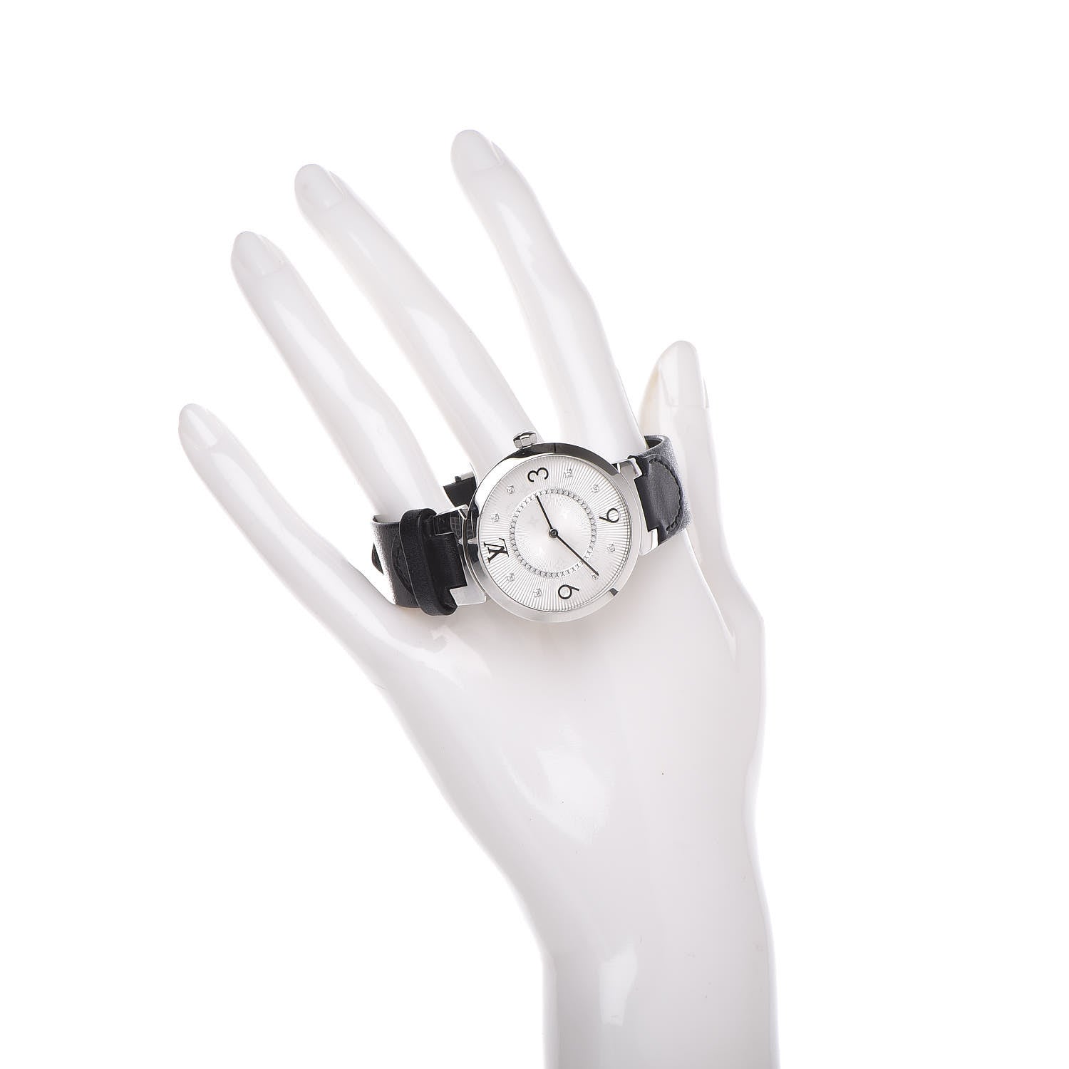 Louis Vuitton Stainless Steel Calfskin Diamond 33mm Tambour Slim Quartz Watch 2 of 5