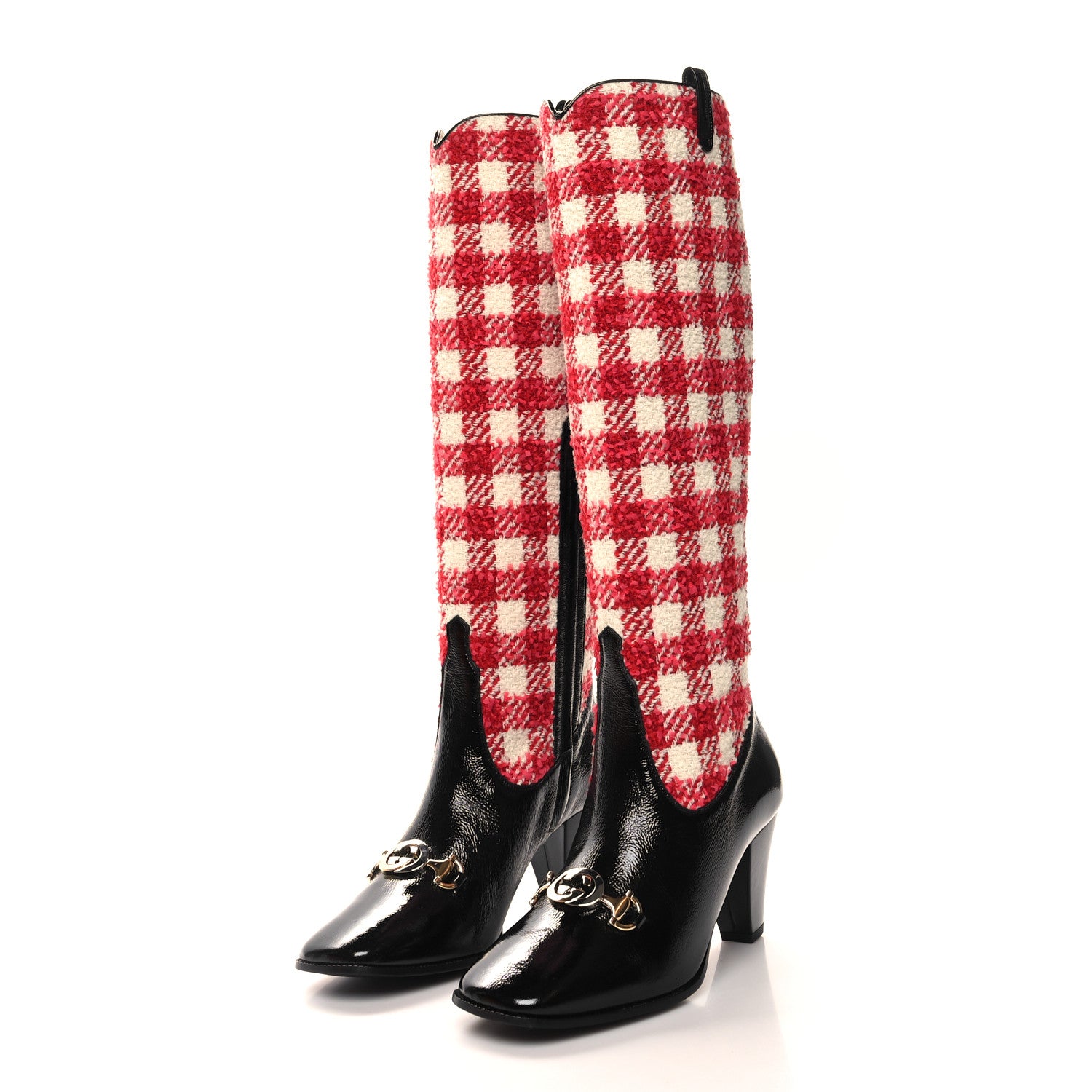 Gucci Tweed Naplack Gingham Zumi Knee Boots 37 White Red Black 3 of 9