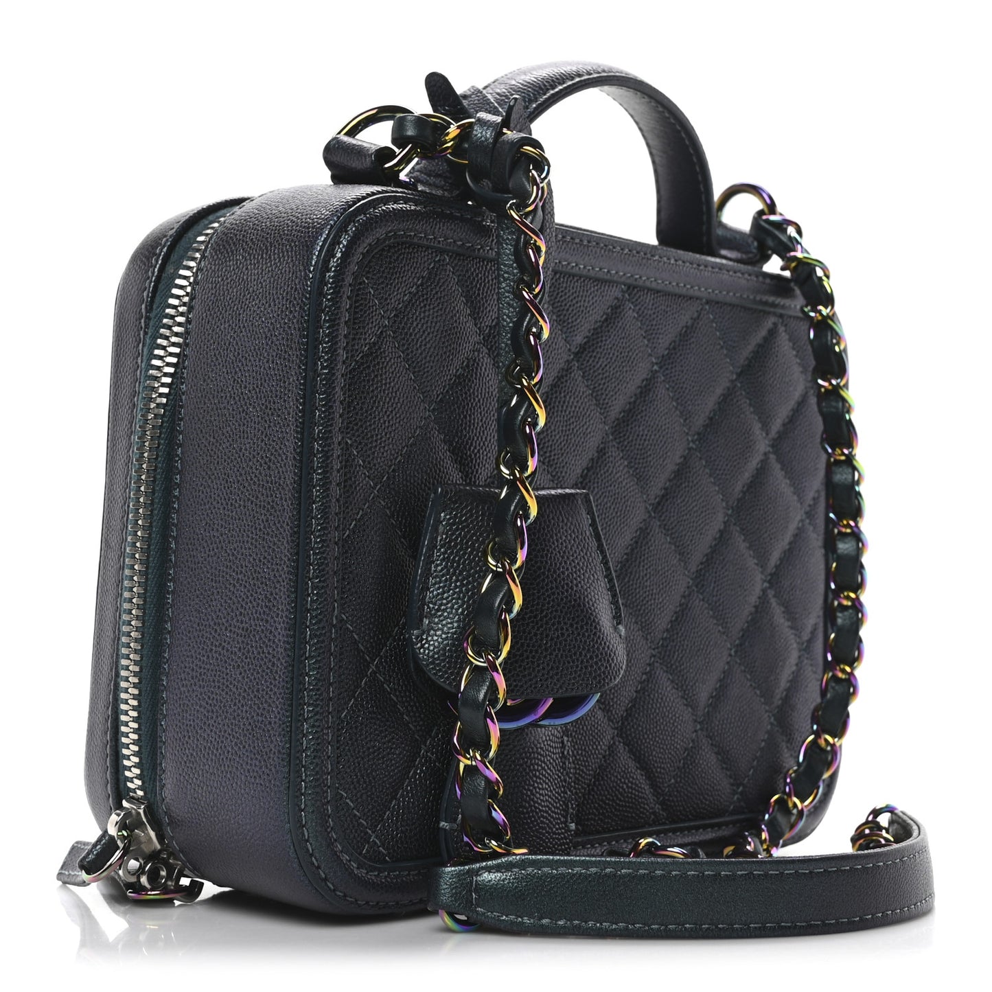Iridescent Caviar Quilted Medium CC Filigree Vanity Case Dark Turquoise