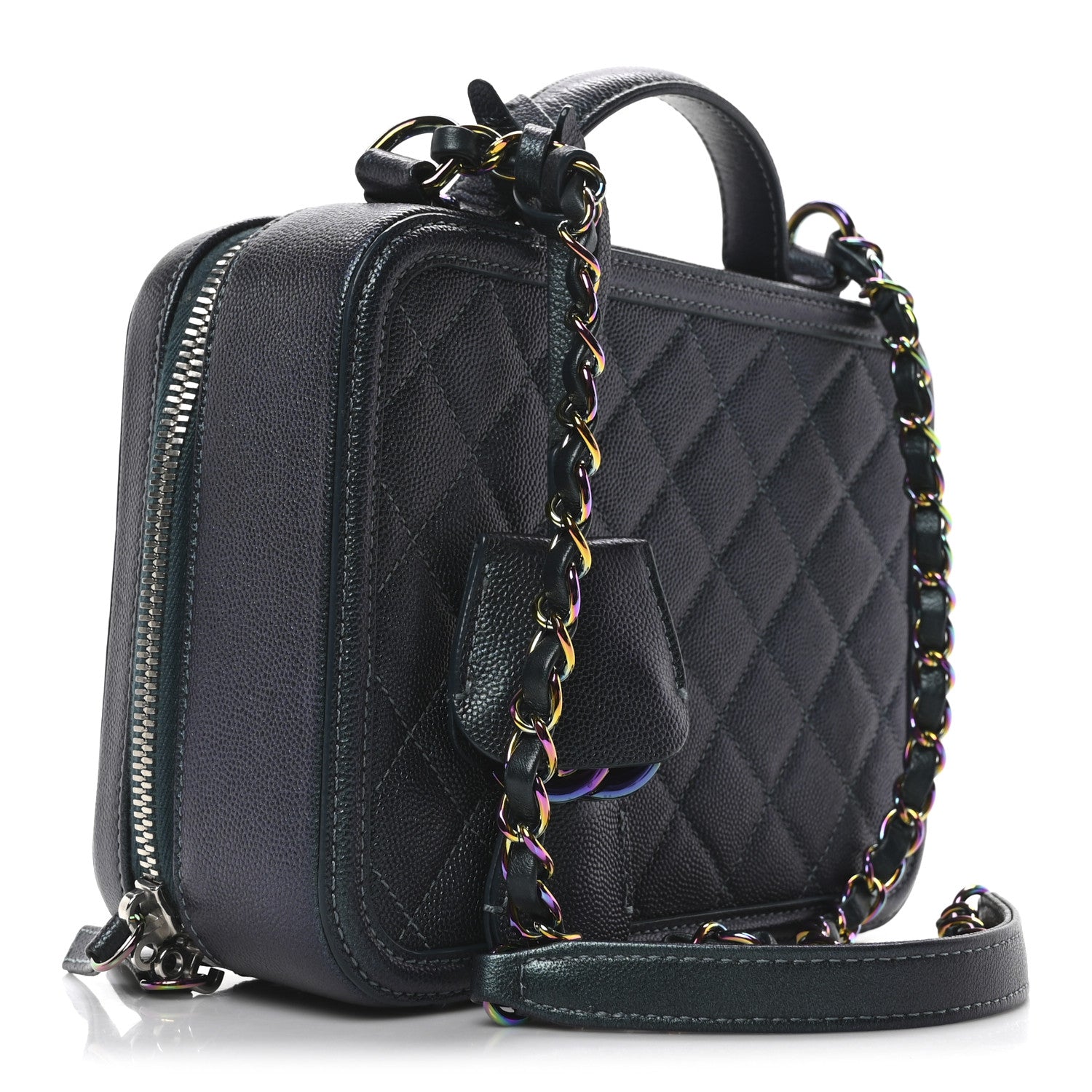 Chanel Iridescent Caviar Quilted Medium CC Filigree Vanity Case Dark Turquoise 3 of 10