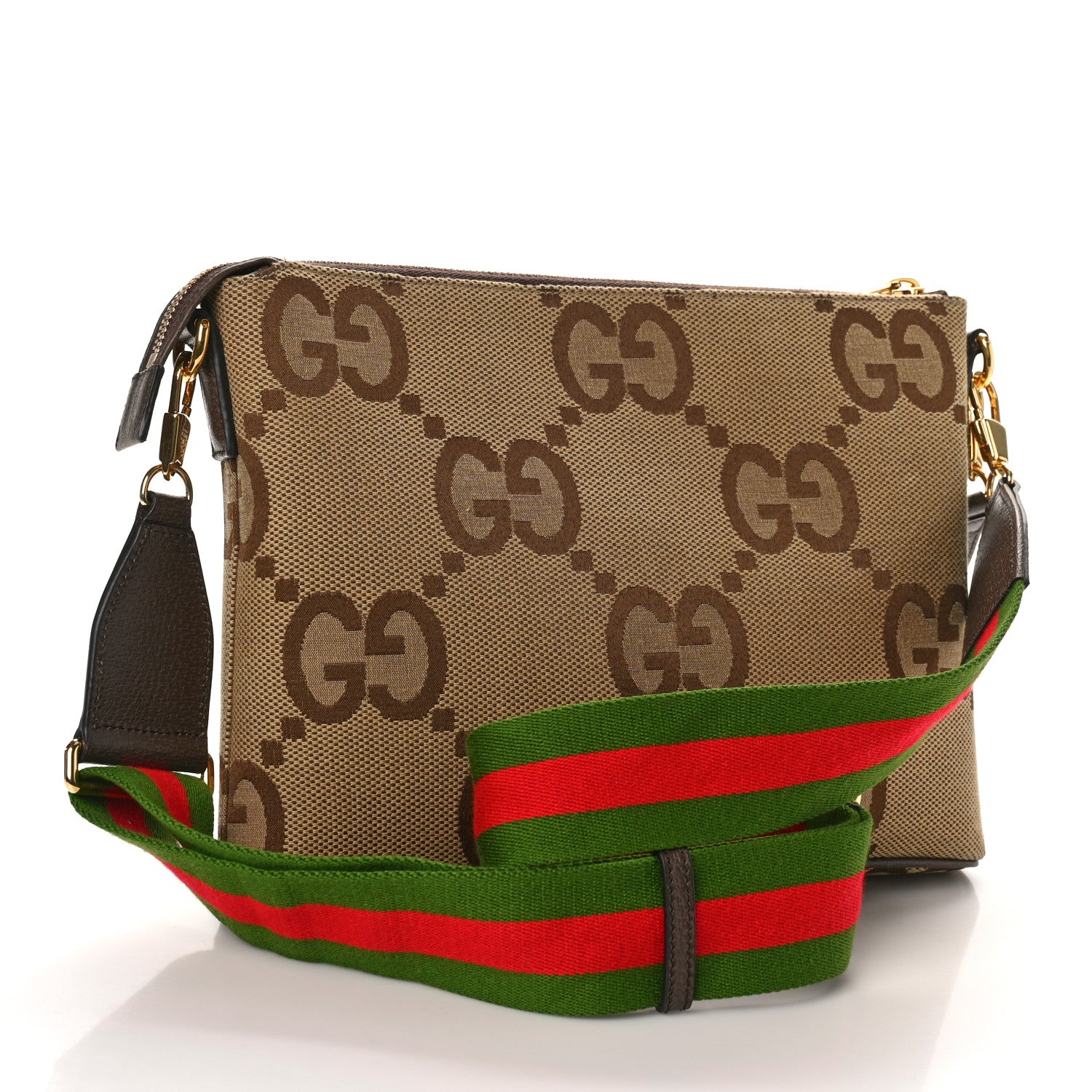 Gucci Monogram Jumbo GG Textured Dollar Calfskin Web Wristlet Messenger Bag Camel Ebony New Acero 3 of 8