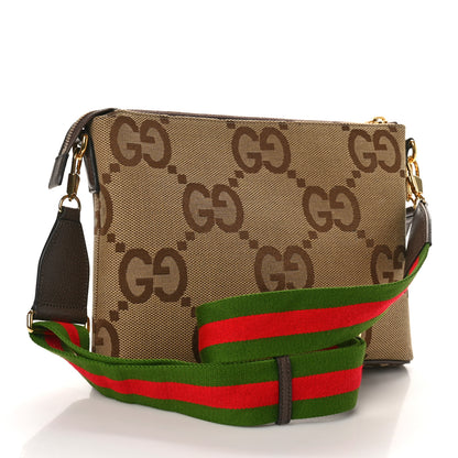 Gucci Monogram Jumbo GG Textured Dollar Calfskin Web Wristlet Messenger Bag Camel Ebony New Acero 3 of 8