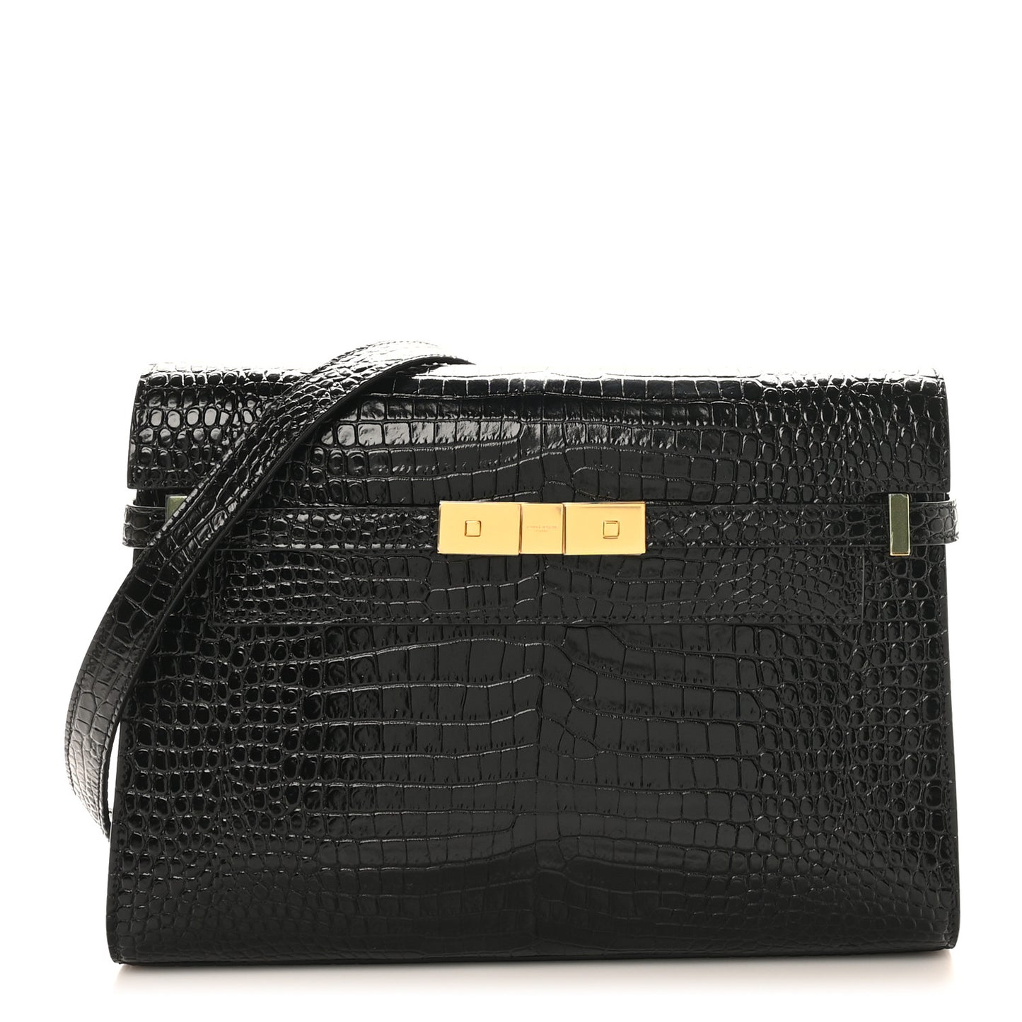 Shiny Calfskin Crocodile Embossed Manhattan Baguette Black