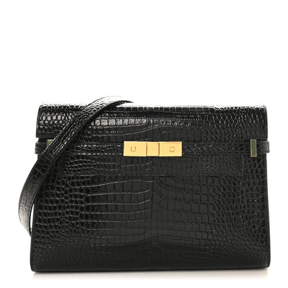 Saint Laurent Shiny Calfskin Crocodile Embossed Manhattan Baguette Black 1 of 10