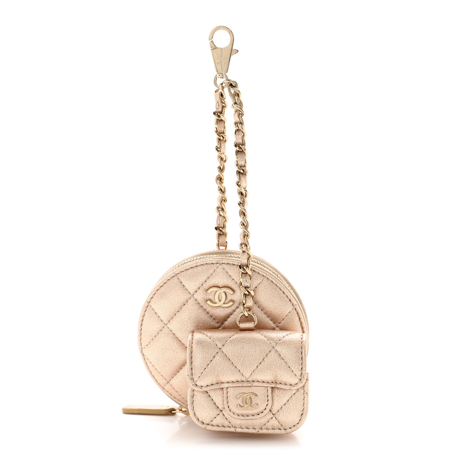 Chanel Metallic Lambskin Quilted Round Clip On Coin Purse Airpods Case Gold 1 of 10