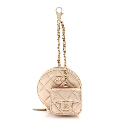 Chanel Metallic Lambskin Quilted Round Clip On Coin Purse Airpods Case Gold 1 of 10