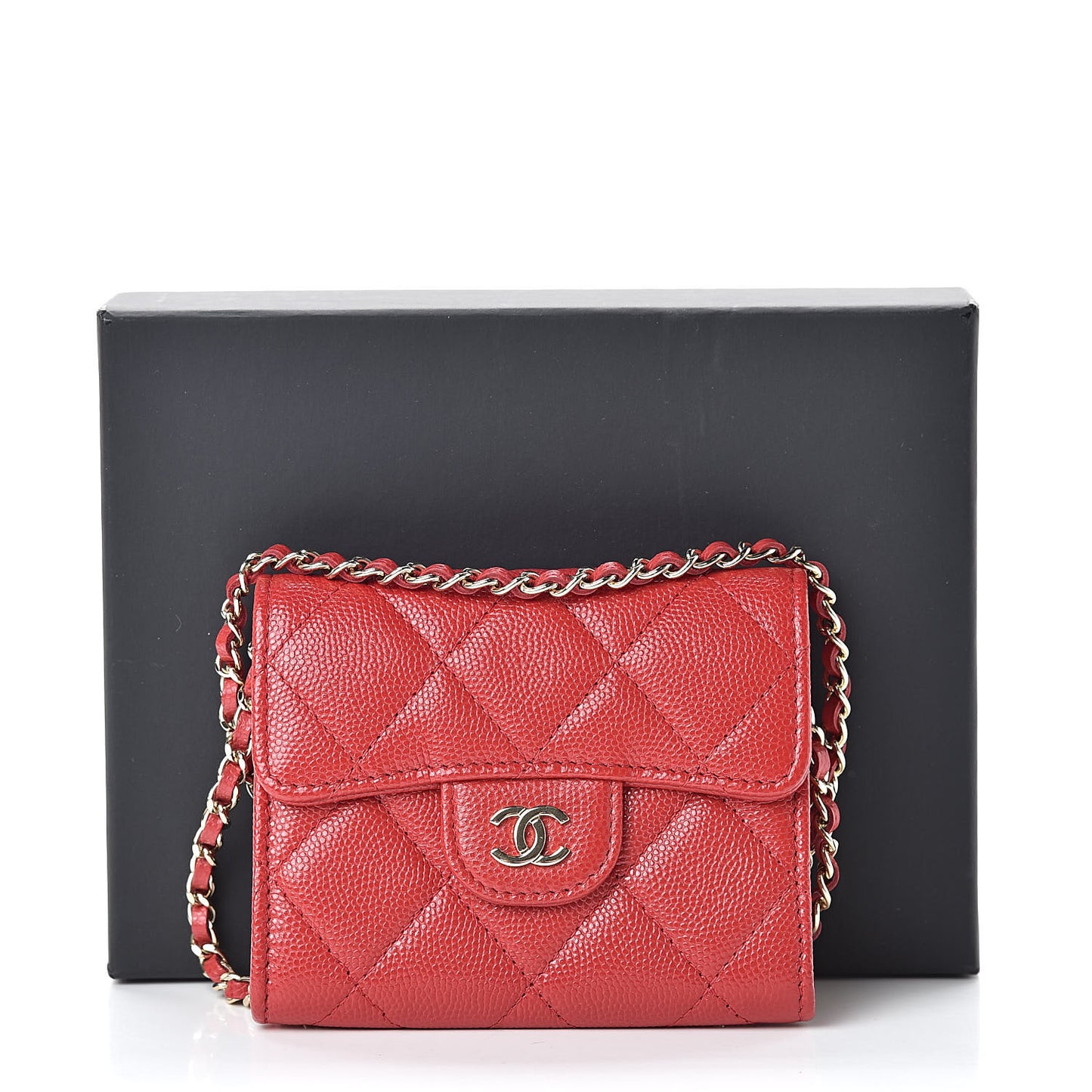 Caviar Quilted Flap Card Holder On Chain Red
